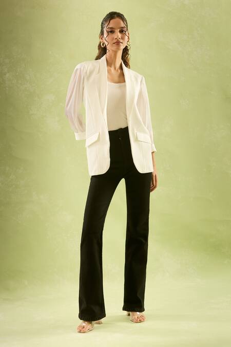 Samyukta Singhania_White Brocade Solid Blazer Jacket With Lapel Collar_Online_at_Aza_Fashions