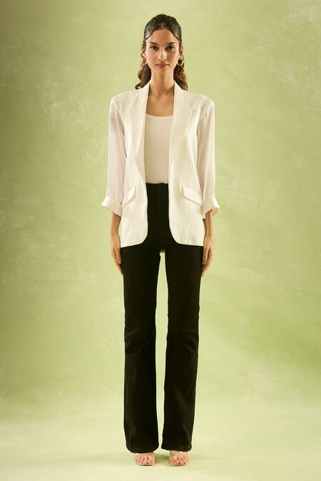 Shop_Samyukta Singhania_White Brocade Solid Blazer Jacket With Lapel Collar_Online_at_Aza_Fashions