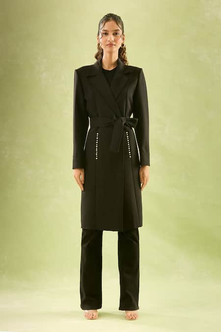 Naintara Bajaj_Black Crepe Pearls Embellished Long Coat Jacket _Online_at_Aza_Fashions