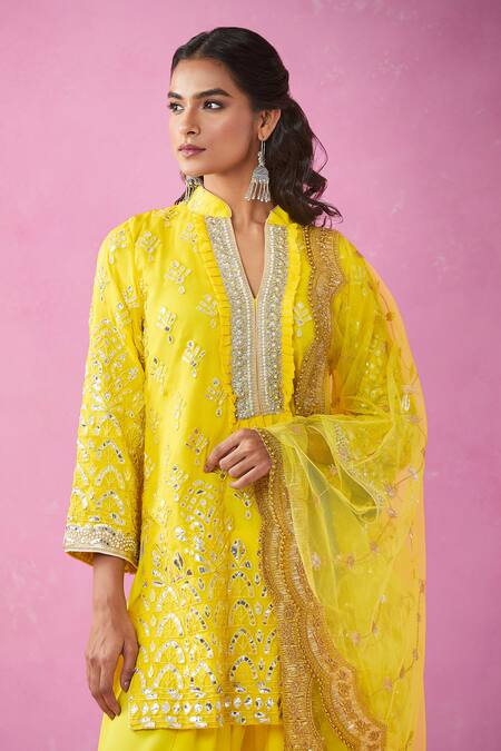 Shop Kunwarani Ritu Yellow Georgette Mirrors, Sequins, Zari, Embroidery Mandarin Collar Kurta Set Online at Aza Fashions Shop_Kunwarani Ritu_Yellow Georgette Mirrors, Sequins, Zari, Embroidery Mandarin Collar Kurta Set _Online_at_Aza_Fashions