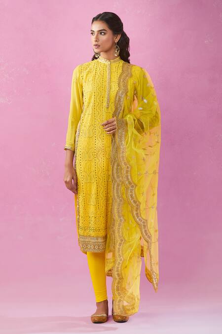 Shop_Kunwarani Ritu_Yellow Georgette, Cotton Embroidery, Gota Patti Paisley Chikankari Kurta Set _Online_at_Aza_Fashions