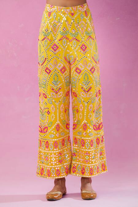 Kunwarani Ritu Yellow Georgette Mirrors, Pearls, Sequins Plunge Embroidered Kurta And Pant Set Online at Aza Fashions Kunwarani Ritu_Yellow Georgette Mirrors, Pearls, Sequins Plunge Embroidered Kurta And Pant Set _Online_at_Aza_Fashions