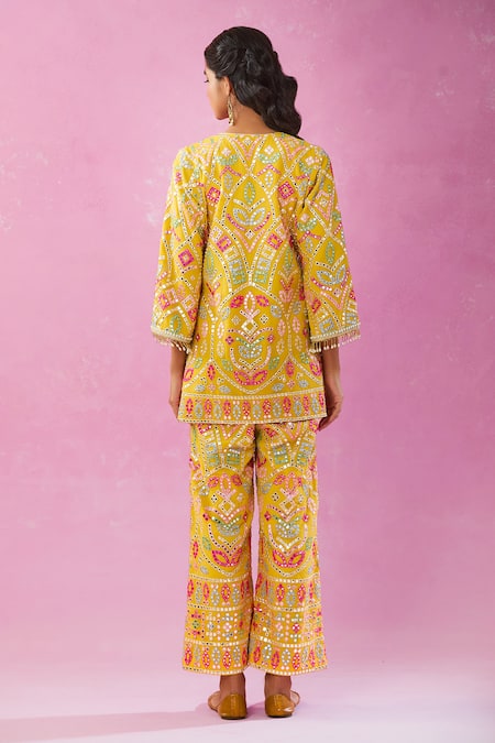 Kunwarani Ritu Mirror Embroidered Yellow Kurta & Pant Set 