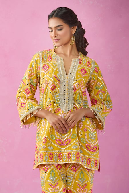 Buy Kunwarani Ritu Yellow Georgette Mirrors, Pearls, Sequins, Embroidery Split Kurta And Pant Set Online at Aza Fashions Buy_Kunwarani Ritu_Yellow Georgette Mirrors, Pearls, Sequins, Embroidery Split Kurta And Pant Set _Online_at_Aza_Fashions