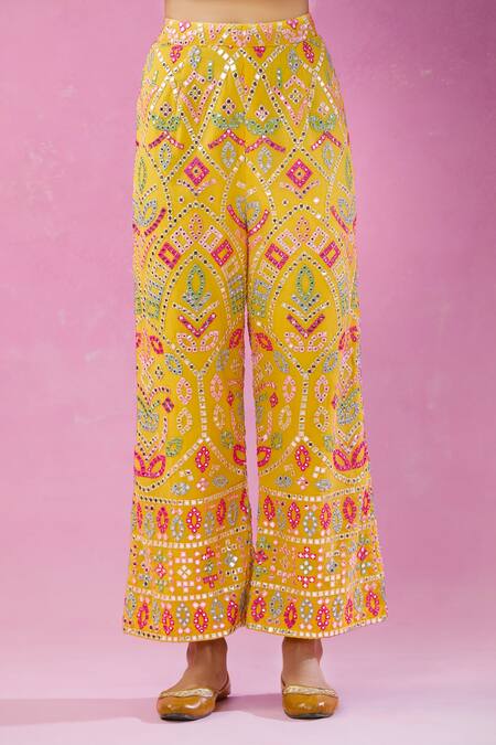 Kunwarani Ritu Yellow Georgette Mirrors, Pearls, Sequins, Embroidery Split Kurta And Pant Set at Aza Fashions Kunwarani Ritu_Yellow Georgette Mirrors, Pearls, Sequins, Embroidery Split Kurta And Pant Set _at_Aza_Fashions