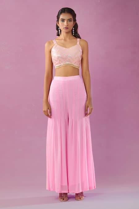 Kunwarani Ritu Pink Georgette Mirrors, Pearls Mandarin Embroidered Jacket Kurta And Sharara Set Online at Aza Fashions Kunwarani Ritu_Pink Georgette Mirrors, Pearls Mandarin Embroidered Jacket Kurta And Sharara Set _Online_at_Aza_Fashions