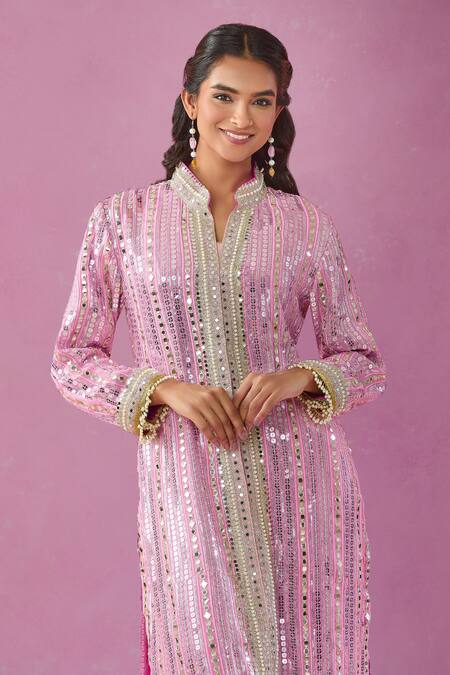 Buy Kunwarani Ritu Pink Georgette Mirrors, Pearls Mandarin Embroidered Jacket Kurta And Sharara Set Online at Aza Fashions Buy_Kunwarani Ritu_Pink Georgette Mirrors, Pearls Mandarin Embroidered Jacket Kurta And Sharara Set _Online_at_Aza_Fashions
