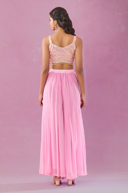 Shop Kunwarani Ritu Pink Georgette Mirrors, Pearls Mandarin Embroidered Jacket Kurta And Sharara Set Online at Aza Fashions Shop_Kunwarani Ritu_Pink Georgette Mirrors, Pearls Mandarin Embroidered Jacket Kurta And Sharara Set _Online_at_Aza_Fashions