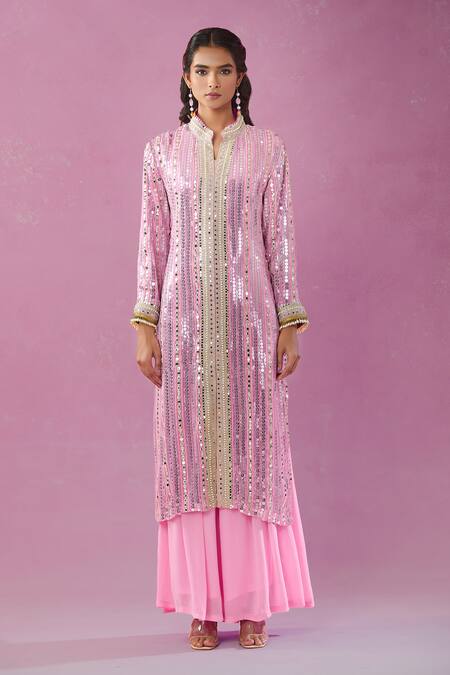 Kunwarani Ritu Pink Georgette Mirrors, Pearls Mandarin Embroidered Jacket Kurta And Sharara Set at Aza Fashions Kunwarani Ritu_Pink Georgette Mirrors, Pearls Mandarin Embroidered Jacket Kurta And Sharara Set _at_Aza_Fashions