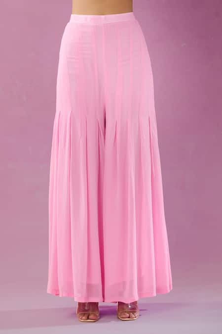 Shop Kunwarani Ritu Pink Georgette Mirrors, Pearls Mandarin Embroidered Jacket Kurta And Sharara Set Shop_Kunwarani Ritu_Pink Georgette Mirrors, Pearls Mandarin Embroidered Jacket Kurta And Sharara Set