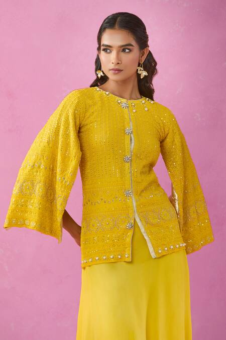 Buy_Kunwarani Ritu_Yellow Georgette Embroidery Round Neck Chikankari Jacket And Skirt Set _Online_at_Aza_Fashions