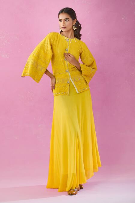 Shop_Kunwarani Ritu_Yellow Georgette Embroidery Round Neck Chikankari Jacket And Skirt Set _Online_at_Aza_Fashions