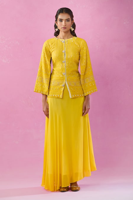 Kunwarani Ritu_Yellow Georgette Embroidery Round Neck Chikankari Jacket And Skirt Set _at_Aza_Fashions