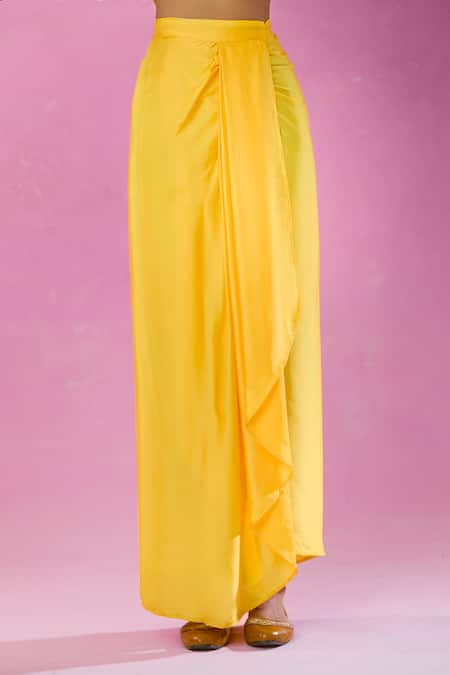 Kunwarani Ritu_Yellow Satin Zari Collared Zardozi Embroidered Shirt And Skirt Set _Online_at_Aza_Fashions