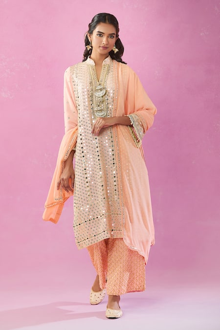 Kunwarani Ritu_Peach Georgette Mirrors, Sequins, Pearls, Embroidery Mandarin Work Kurta Set _at_Aza_Fashions