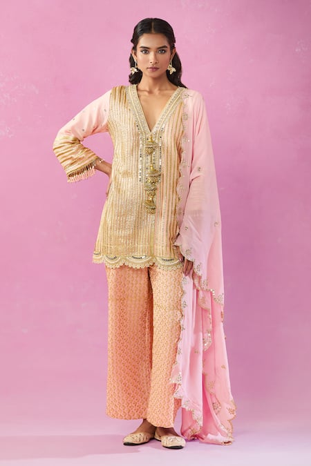 Kunwaraniritu Stripe Embroidered Short Kurta Pant Set 