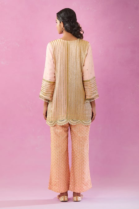 Kunwarani Ritu Peach Stripe Embroidered Kurta Set 