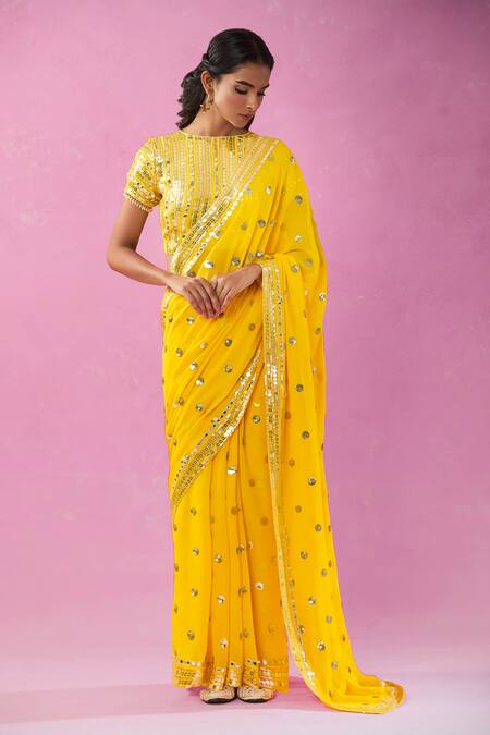 Kunwarani Ritu Yellow Georgette Sequins, Mirrors Boat Neck Embroidered Saree With Blouse Online at Aza Fashions Kunwarani Ritu_Yellow Georgette Sequins, Mirrors Boat Neck Embroidered Saree With Blouse _Online_at_Aza_Fashions