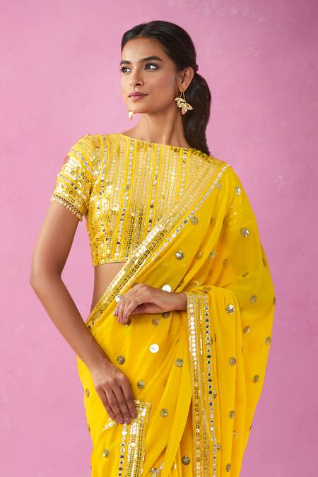 Buy Kunwarani Ritu Yellow Georgette Sequins, Mirrors Boat Neck Embroidered Saree With Blouse Online at Aza Fashions Buy_Kunwarani Ritu_Yellow Georgette Sequins, Mirrors Boat Neck Embroidered Saree With Blouse _Online_at_Aza_Fashions
