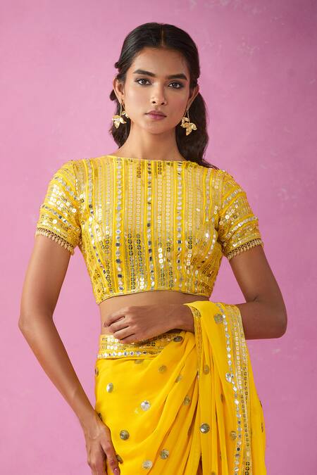Shop Kunwarani Ritu Yellow Georgette Sequins, Mirrors Boat Neck Embroidered Saree With Blouse Online at Aza Fashions Shop_Kunwarani Ritu_Yellow Georgette Sequins, Mirrors Boat Neck Embroidered Saree With Blouse _Online_at_Aza_Fashions