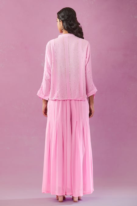 Shop Kunwarani Ritu Pink Georgette Sequins, Foil Printing Collared Ruffle Embroidered Kurta Set at Aza Fashions Shop_Kunwarani Ritu_Pink Georgette Sequins, Foil Printing Collared Ruffle Embroidered Kurta Set _at_Aza_Fashions