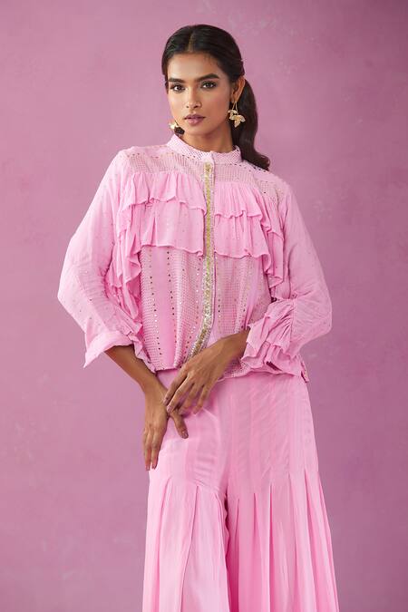 Kunwarani Ritu Pink Georgette Sequins, Foil Printing Collared Ruffle Embroidered Kurta Set Online at Aza Fashions Kunwarani Ritu_Pink Georgette Sequins, Foil Printing Collared Ruffle Embroidered Kurta Set _Online_at_Aza_Fashions