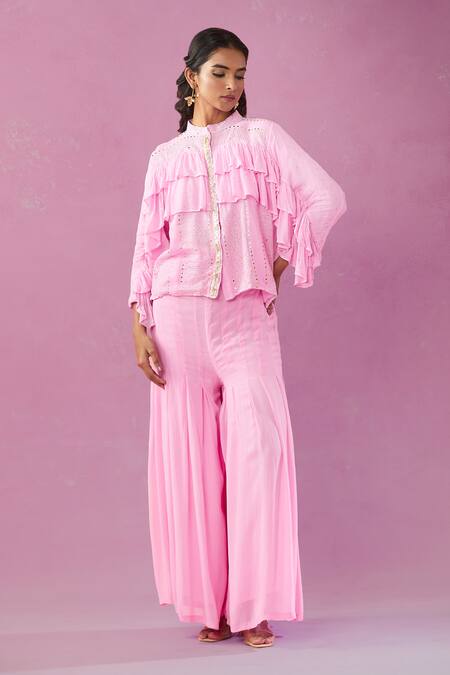 Shop Kunwarani Ritu Pink Georgette Sequins, Foil Printing Collared Ruffle Embroidered Kurta Set Online at Aza Fashions Shop_Kunwarani Ritu_Pink Georgette Sequins, Foil Printing Collared Ruffle Embroidered Kurta Set _Online_at_Aza_Fashions