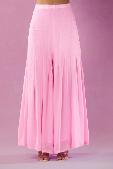 Kunwarani Ritu Pink Georgette Sequins, Foil Printing Collared Ruffle Embroidered Kurta Set at Aza Fashions Kunwarani Ritu_Pink Georgette Sequins, Foil Printing Collared Ruffle Embroidered Kurta Set _at_Aza_Fashions