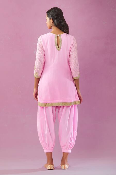 Shop Kunwarani Ritu Pink Cotton Tassels Round Neck Zardozi Embroidered Kurta And Salwar Set at Aza Fashions Shop_Kunwarani Ritu_Pink Cotton Tassels Round Neck Zardozi Embroidered Kurta And Salwar Set _at_Aza_Fashions