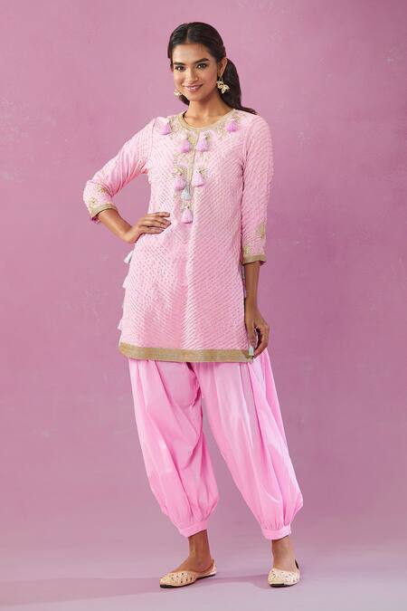 Buy Kunwarani Ritu Pink Cotton Tassels Round Neck Zardozi Embroidered Kurta And Salwar Set Online at Aza Fashions Buy_Kunwarani Ritu_Pink Cotton Tassels Round Neck Zardozi Embroidered Kurta And Salwar Set _Online_at_Aza_Fashions