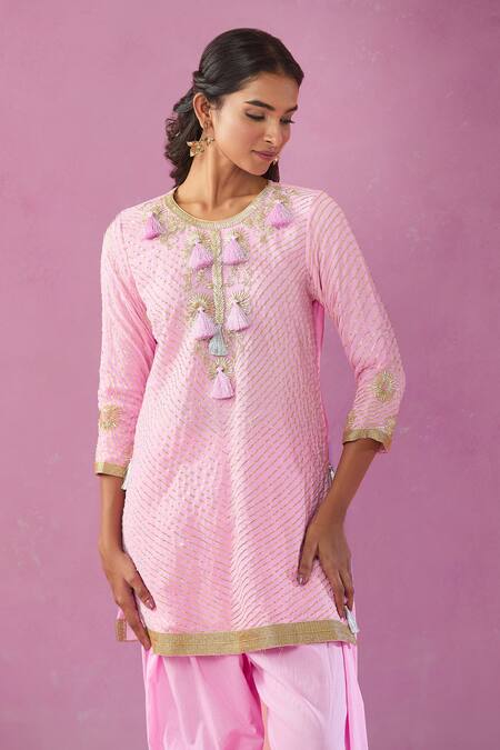 Shop Kunwarani Ritu Pink Cotton Tassels Round Neck Zardozi Embroidered Kurta And Salwar Set Online at Aza Fashions Shop_Kunwarani Ritu_Pink Cotton Tassels Round Neck Zardozi Embroidered Kurta And Salwar Set _Online_at_Aza_Fashions