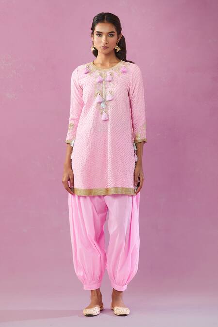 Kunwarani Ritu Pink Cotton Tassels Round Neck Zardozi Embroidered Kurta And Salwar Set at Aza Fashions Kunwarani Ritu_Pink Cotton Tassels Round Neck Zardozi Embroidered Kurta And Salwar Set _at_Aza_Fashions