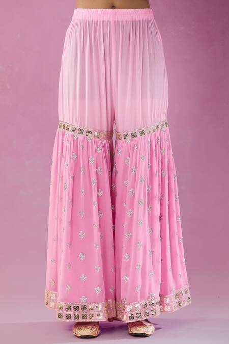 Buy Kunwarani Ritu Pink Georgette Mirrors, Sequins Mandarin Collar Embroidered Kurta Gharara Set Online at Aza Fashions Buy_Kunwarani Ritu_Pink Georgette Mirrors, Sequins Mandarin Collar Embroidered Kurta Gharara Set _Online_at_Aza_Fashions