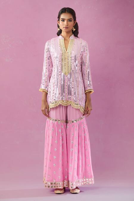 Shop Kunwarani Ritu Pink Georgette Mirrors, Sequins Mandarin Collar Embroidered Kurta Gharara Set Online at Aza Fashions Shop_Kunwarani Ritu_Pink Georgette Mirrors, Sequins Mandarin Collar Embroidered Kurta Gharara Set _Online_at_Aza_Fashions