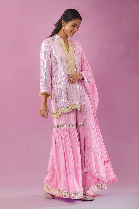 Kunwarani Ritu Pink Georgette Mirrors, Sequins Mandarin Collar Embroidered Kurta Gharara Set at Aza Fashions Kunwarani Ritu_Pink Georgette Mirrors, Sequins Mandarin Collar Embroidered Kurta Gharara Set _at_Aza_Fashions