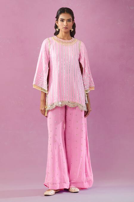 Kunwarani Ritu_Pink Georgette Pearls, Mirrors Gota Embroidered Kurta Gharara Set _Online_at_Aza_Fashions
