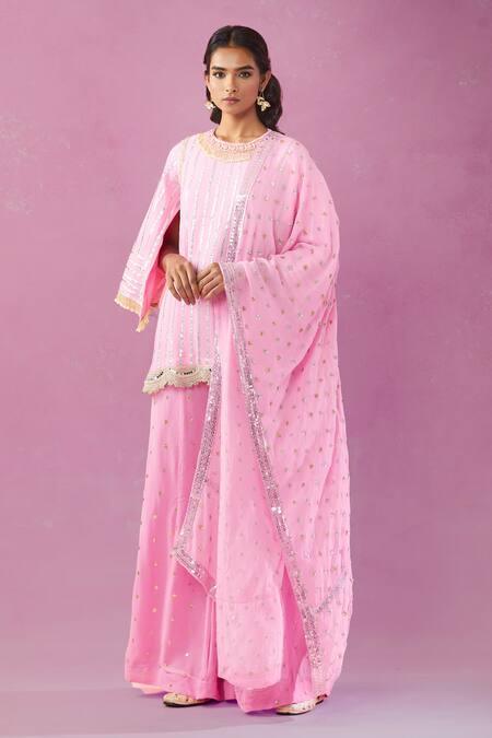 Buy_Kunwarani Ritu_Pink Georgette Pearls, Mirrors Gota Embroidered Kurta Gharara Set _Online_at_Aza_Fashions