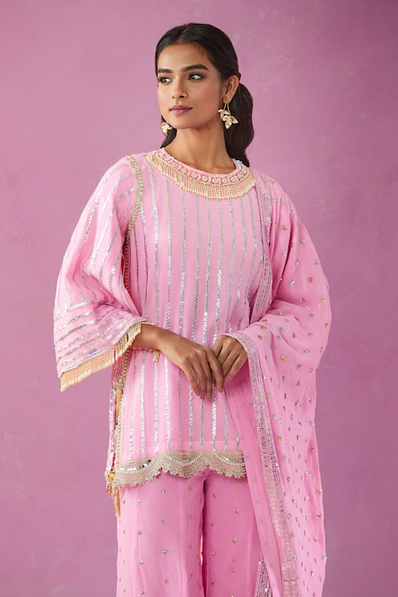 Shop_Kunwarani Ritu_Pink Georgette Pearls, Mirrors Gota Embroidered Kurta Gharara Set _Online_at_Aza_Fashions