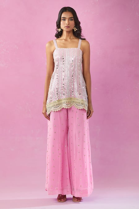 Kunwarani Ritu_Pink Georgette Mirrors, Pearls, Sequins, Zari Square Work Kurta And Gharara Set _Online_at_Aza_Fashions