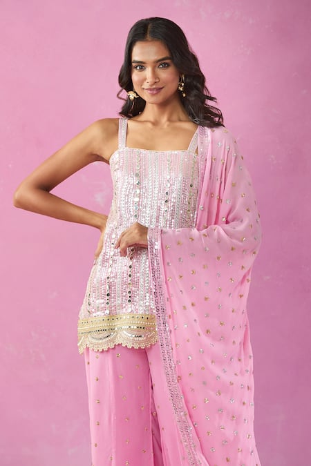 Buy_Kunwarani Ritu_Pink Georgette Mirrors, Pearls, Sequins, Zari Square Work Kurta And Gharara Set _Online_at_Aza_Fashions
