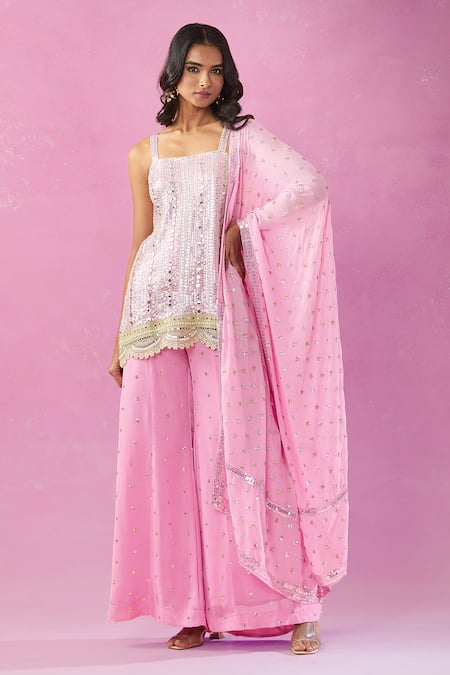 Shop_Kunwarani Ritu_Pink Georgette Mirrors, Pearls, Sequins, Zari Square Work Kurta And Gharara Set _Online_at_Aza_Fashions