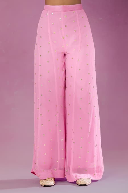 Kunwarani Ritu_Pink Georgette Mirrors, Pearls, Sequins, Zari Square Work Kurta And Gharara Set _at_Aza_Fashions