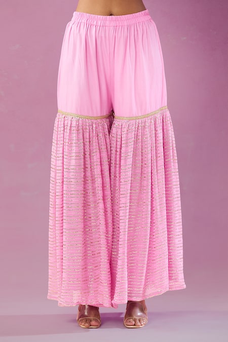 Kunwarani Ritu Pink Georgette Pearls, Sequins, Cut Work Floral Embroidered Kurta Gharara Set Online at Aza Fashions Kunwarani Ritu_Pink Georgette Pearls, Sequins, Cut Work Floral Embroidered Kurta Gharara Set _Online_at_Aza_Fashions