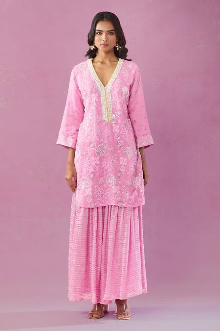 Buy Kunwarani Ritu Pink Georgette Pearls, Sequins, Cut Work Floral Embroidered Kurta Gharara Set Online at Aza Fashions Buy_Kunwarani Ritu_Pink Georgette Pearls, Sequins, Cut Work Floral Embroidered Kurta Gharara Set _Online_at_Aza_Fashions