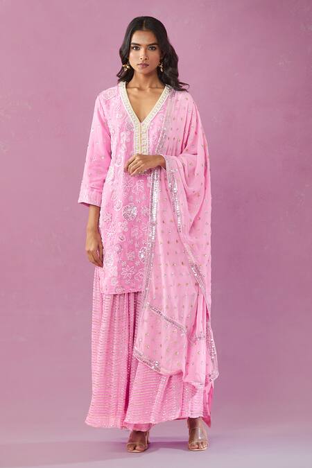 Shop Kunwarani Ritu Pink Georgette Pearls, Sequins, Cut Work Floral Embroidered Kurta Gharara Set Online at Aza Fashions Shop_Kunwarani Ritu_Pink Georgette Pearls, Sequins, Cut Work Floral Embroidered Kurta Gharara Set _Online_at_Aza_Fashions