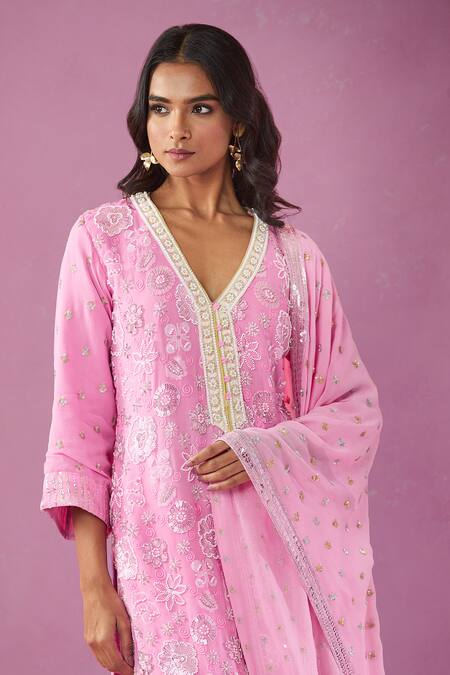 Kunwarani Ritu Pink Georgette Pearls, Sequins, Cut Work Floral Embroidered Kurta Gharara Set at Aza Fashions Kunwarani Ritu_Pink Georgette Pearls, Sequins, Cut Work Floral Embroidered Kurta Gharara Set _at_Aza_Fashions