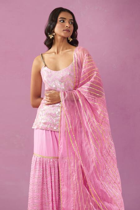 Shop Kunwarani Ritu Pink Georgette Mirrors Scoop Neck Embroidered Kurta Gharara Set Online at Aza Fashions Shop_Kunwarani Ritu_Pink Georgette Mirrors Scoop Neck Embroidered Kurta Gharara Set _Online_at_Aza_Fashions