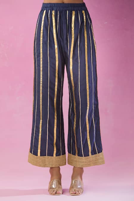 Buy_Kunwarani Ritu_Blue Georgette Mirrors, Embroidery Collared Mukaish Kurta Pant Set _Online_at_Aza_Fashions