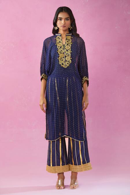 Shop_Kunwarani Ritu_Blue Georgette Mirrors, Embroidery Collared Mukaish Kurta Pant Set _Online_at_Aza_Fashions