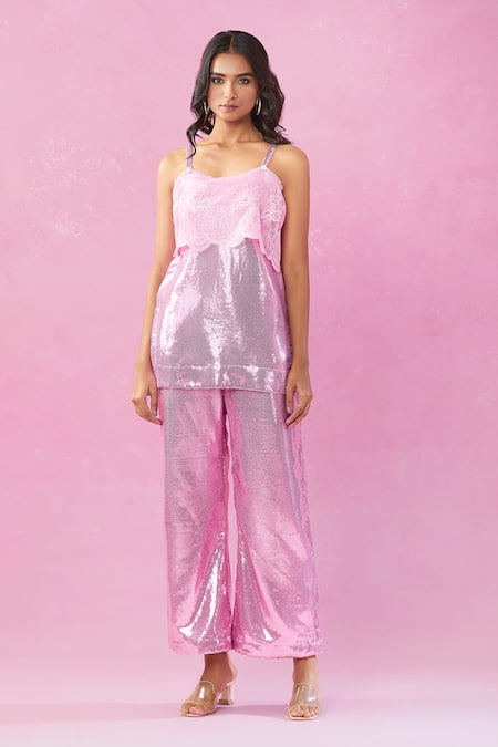 Kunwarani Ritu_Pink Georgette Embroidery Floral Lace Sweetheart Shimmer Sequin Top And Pant Set _at_Aza_Fashions